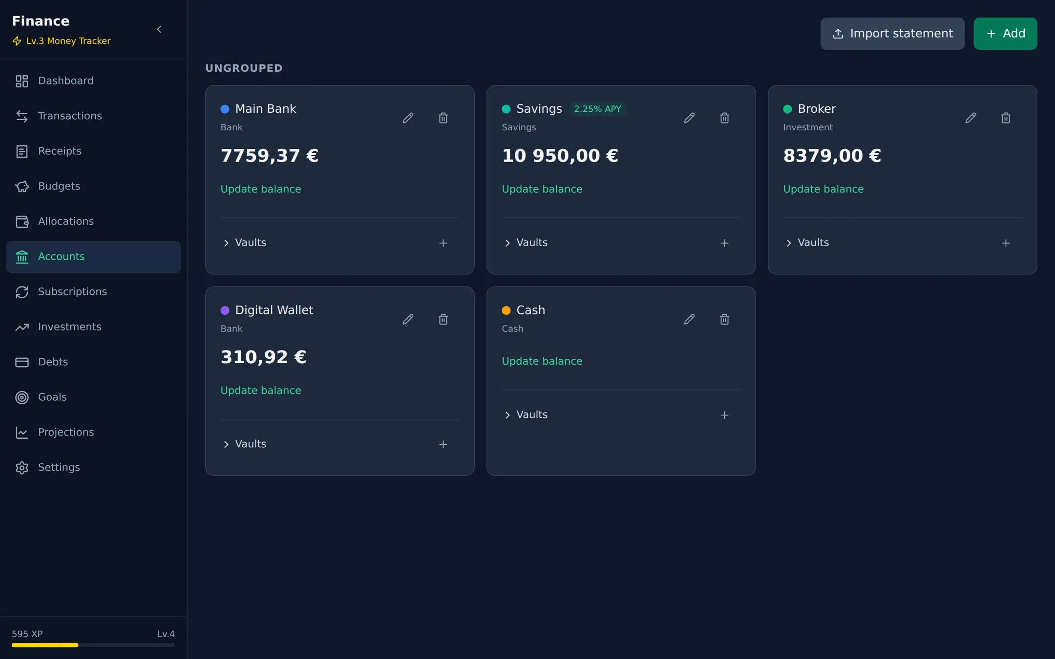 Finance app accounts