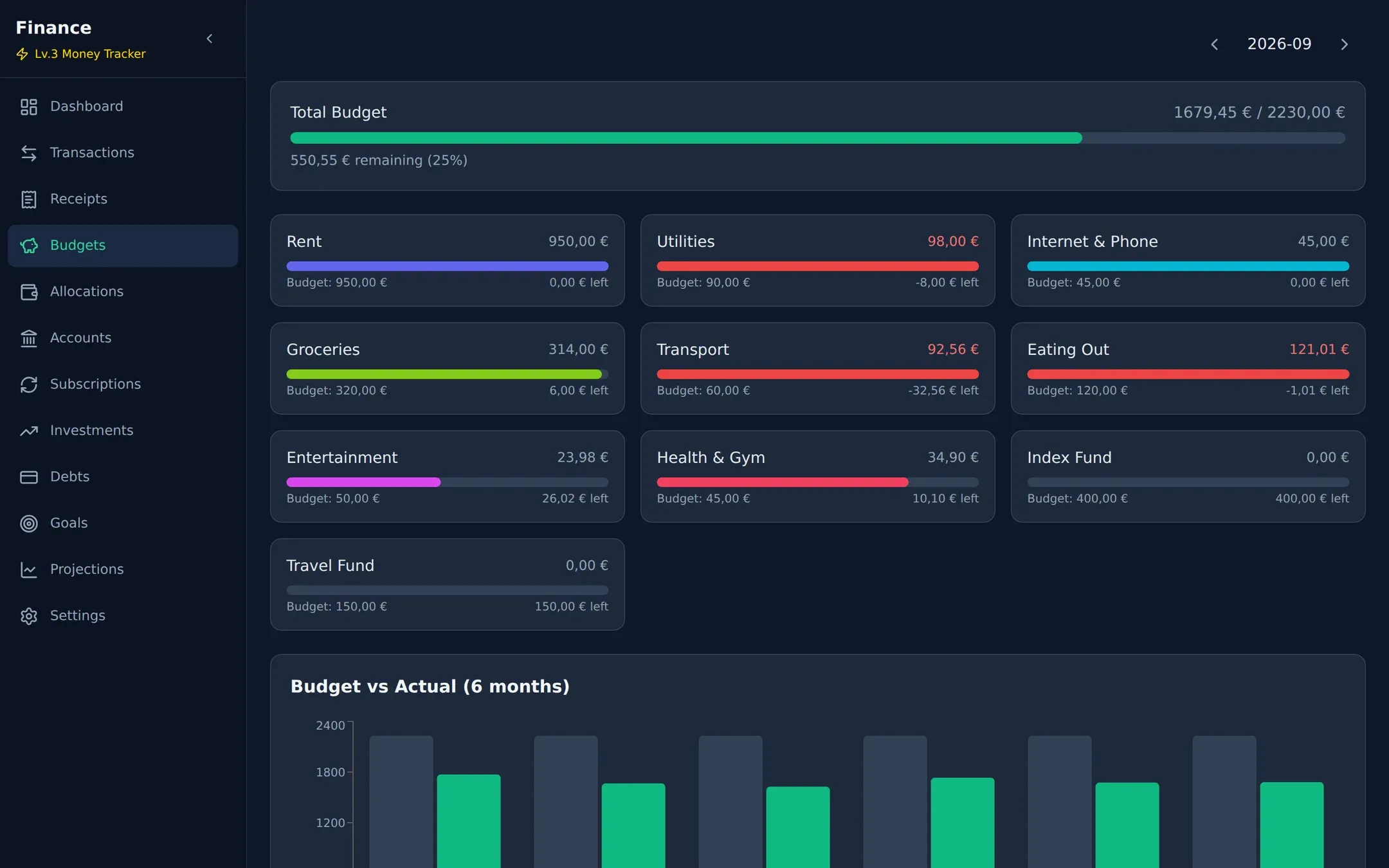 Finance app budgets on desktop