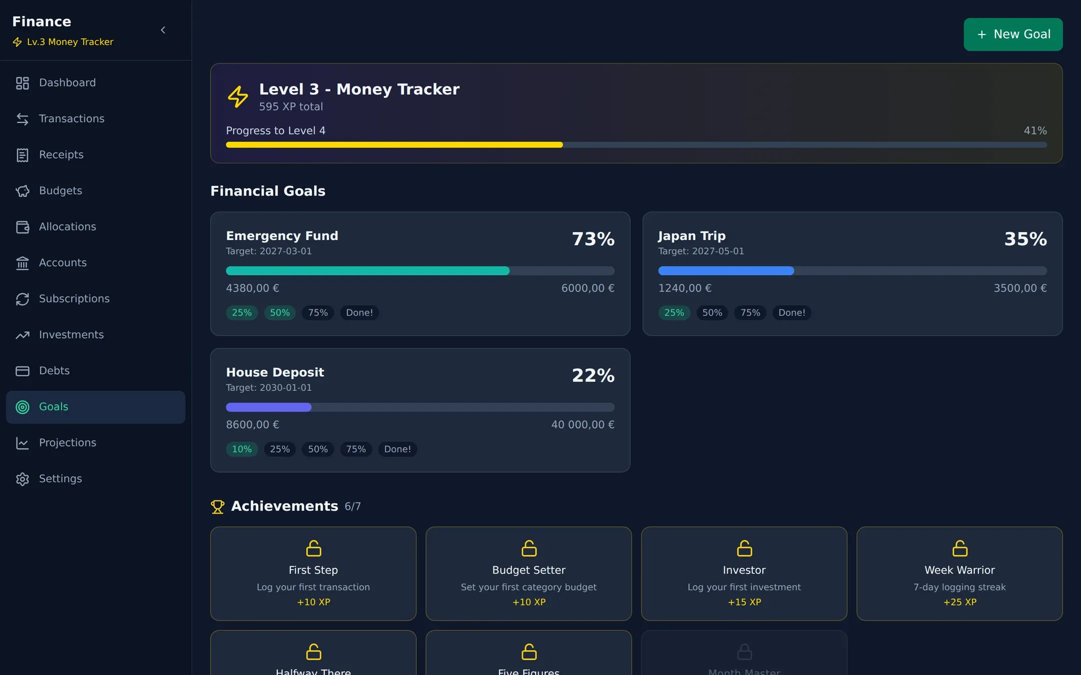 Finance app goals and achievements