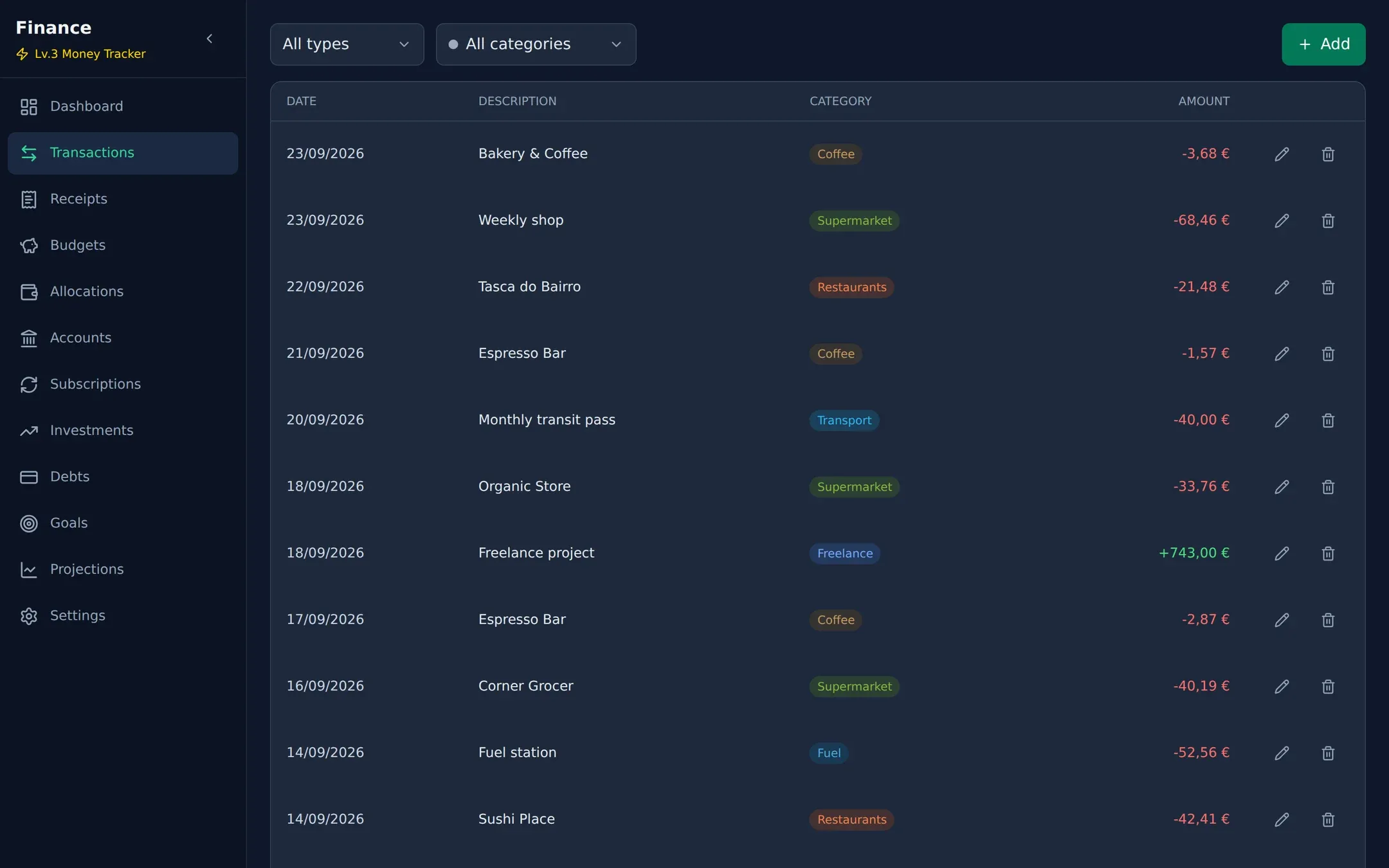 Finance app transactions